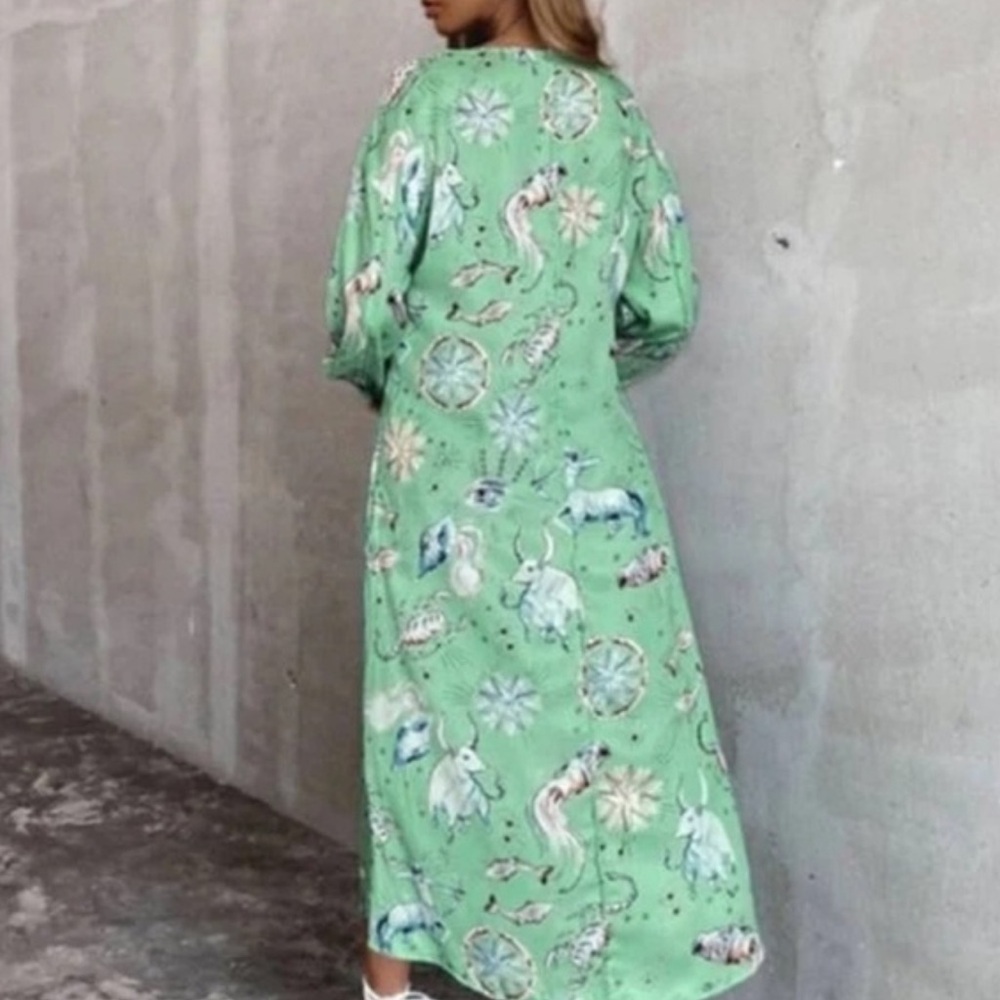 Zara Limited Edition Satin Mint Green Zodiac Print Midi Dress Size XS - Picture 6 of 9